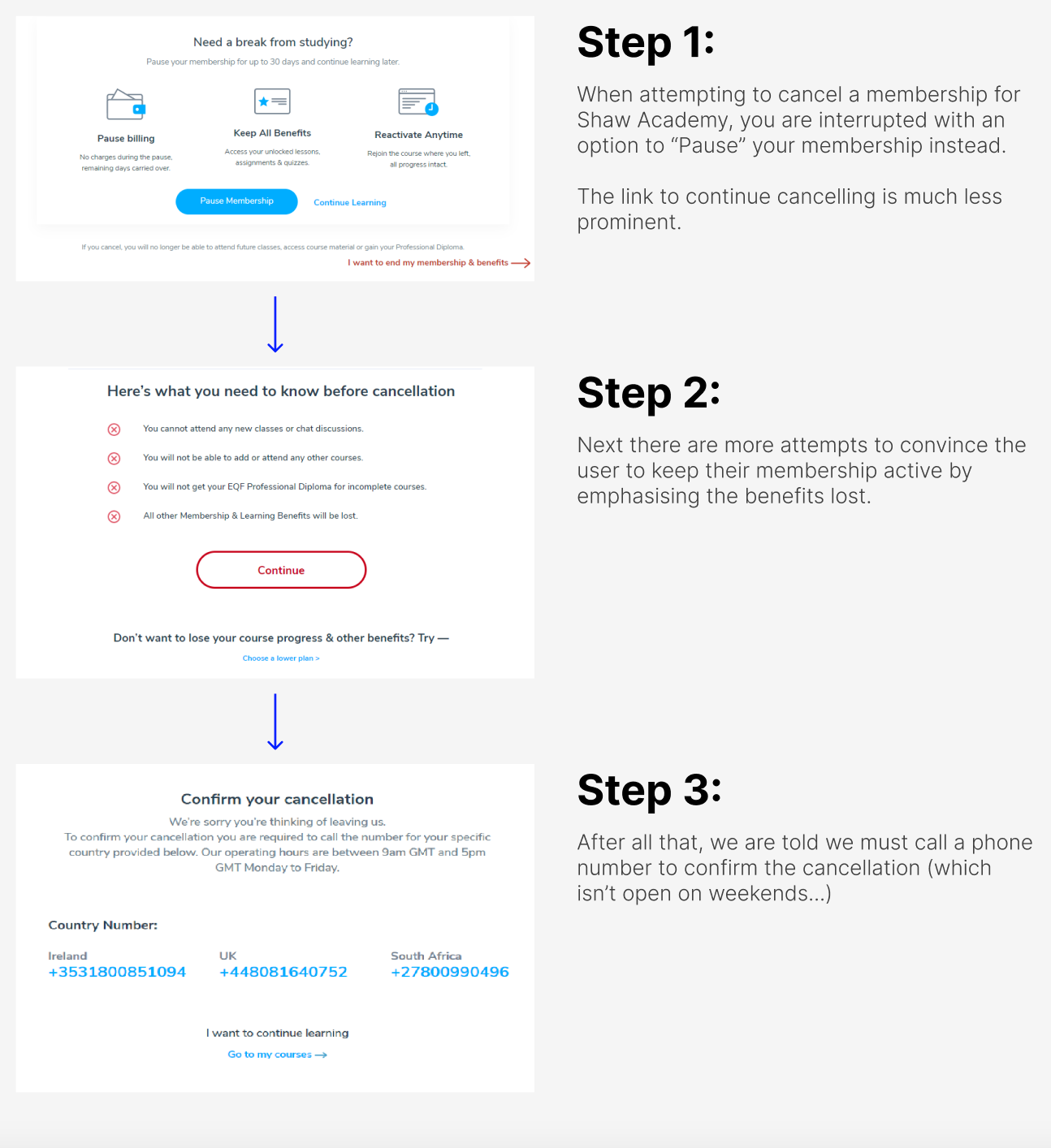 Screenshots showing the process for cancelling an online course subscription membership