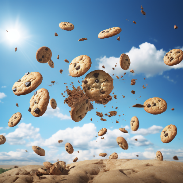 Cookies exploding mid air in blue sky over a dessert