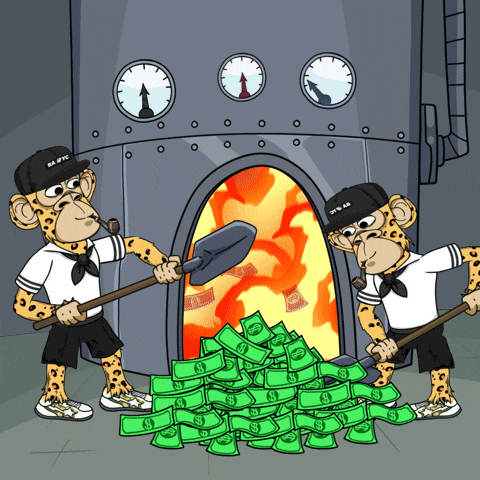 A Gif of two monkeys putting money into a furnace