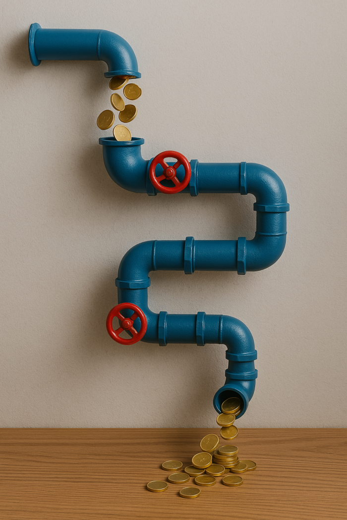 a pipe with money going in one end and out the other