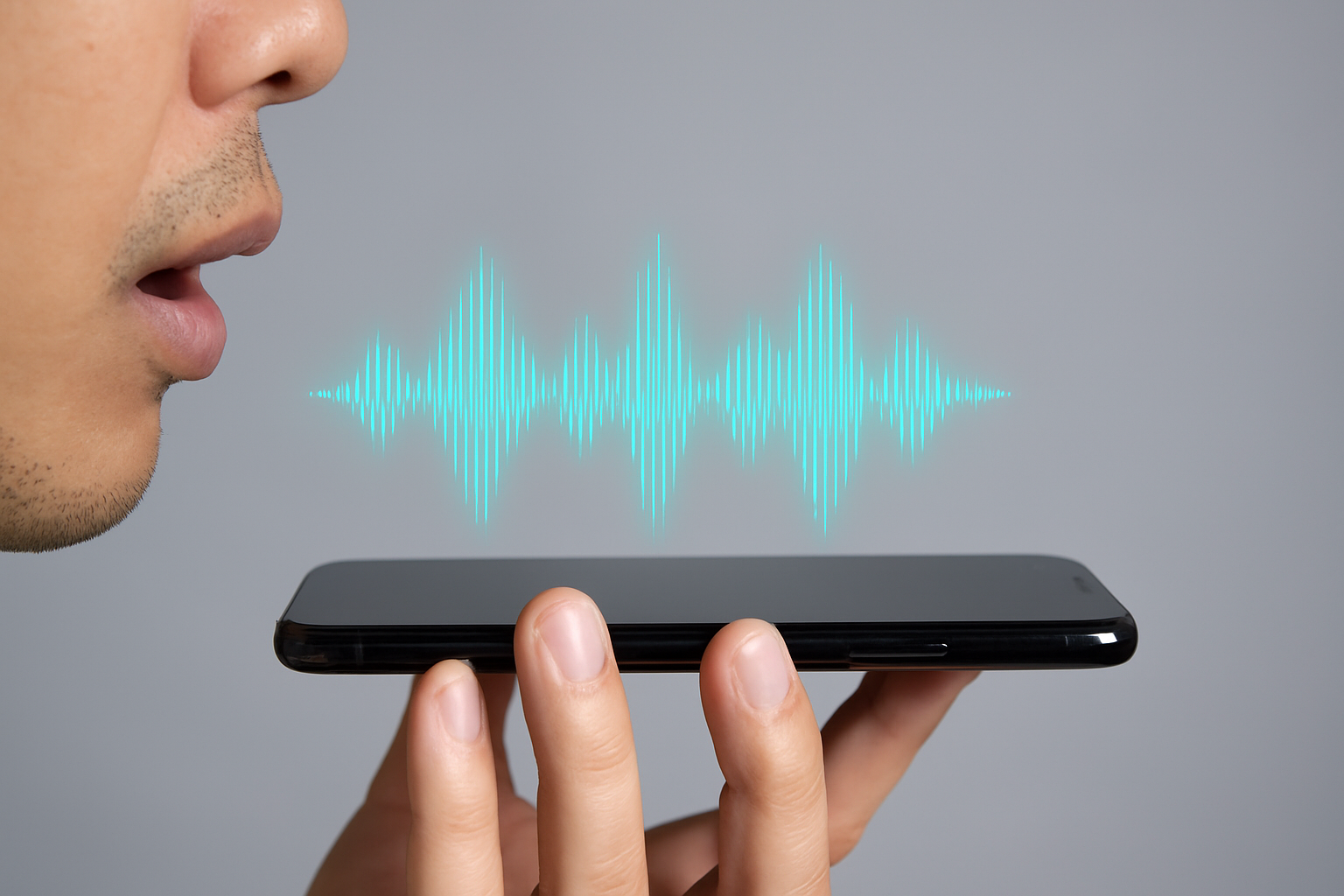 A man holding his mobile conducting a voice search