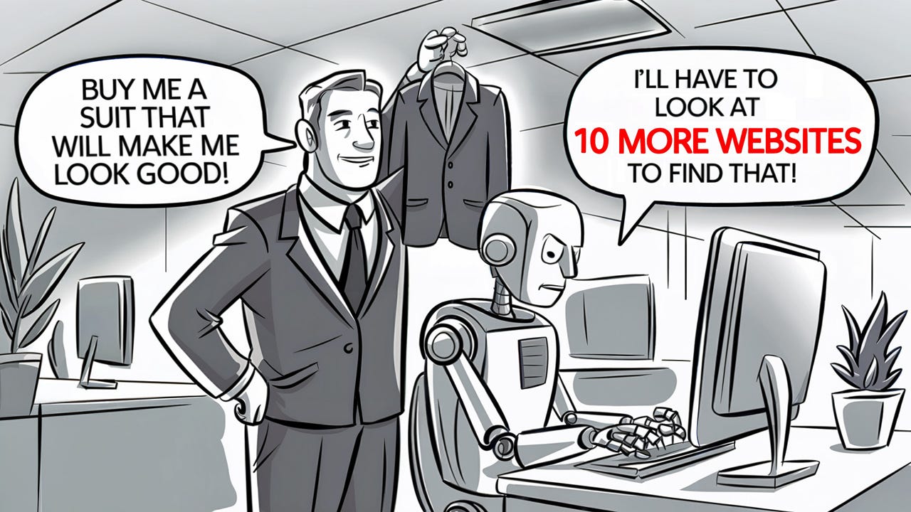 A cartoon-style illustration shows a smiling man in a suit holding up another suit on a hanger, standing next to a humanoid robot seated at a computer. The man says, "Buy me a suit that will make me look good!" The robot responds, "I’ll have to look at 10 more websites to find that!" The scene takes place in a modern office with plants, desks, and computer monitors.