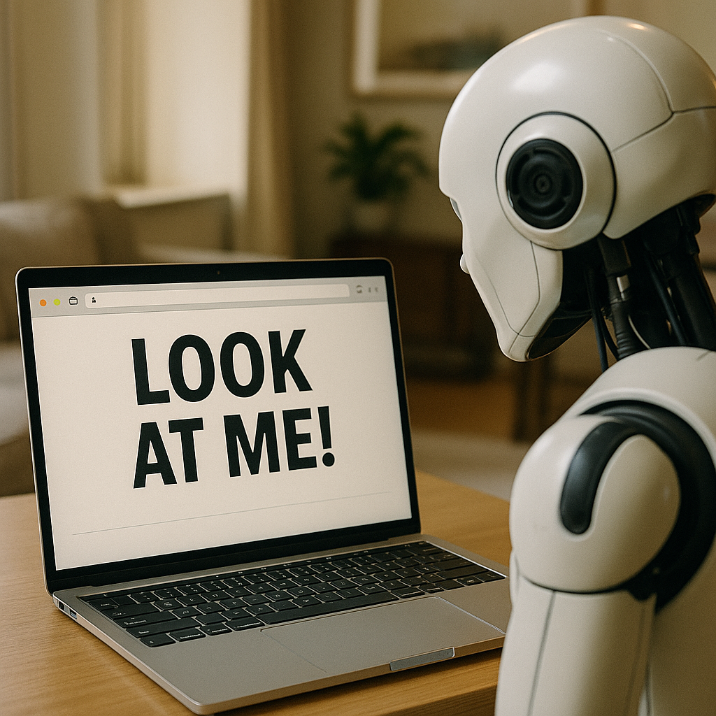 A robot looking at a website that says 'Look at me'