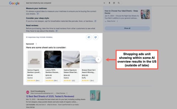 This image displays the postitioning of Google ads within the AI SERP