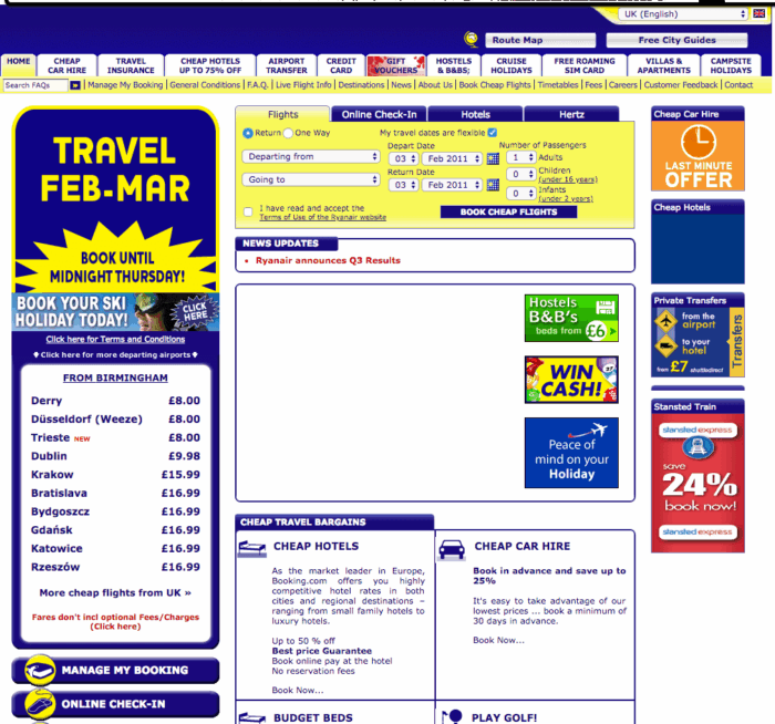 Ryanair's website in 2011 which was full of upsells and provided a bad user experience