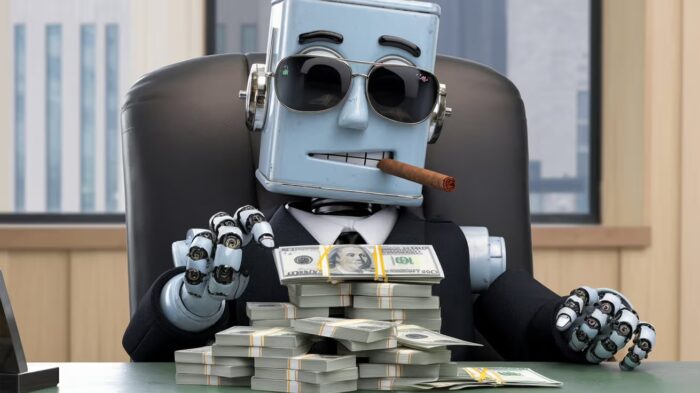 A robot sitting at a desk with a stack of money in front of him
