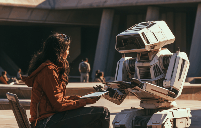 A woman in a red jacket sits on a chair outdoors, holding a tablet and talking with a large humanoid robot kneeling across from her. The robot has a futuristic, mechanical design with a visor-like face and appears to be holding documents or a device, suggesting an exchange of information in a modern urban setting.