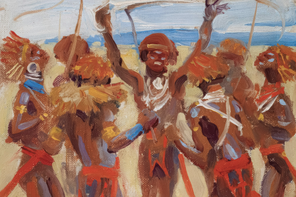 painting of a tribal celebration on a beach