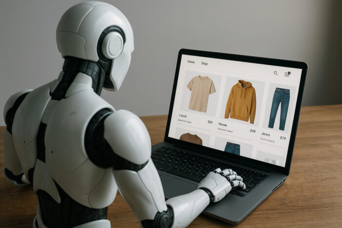 A robot looking at a clothing website on a laptop.