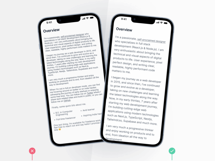 A before and after picture of how improving line height improves readability