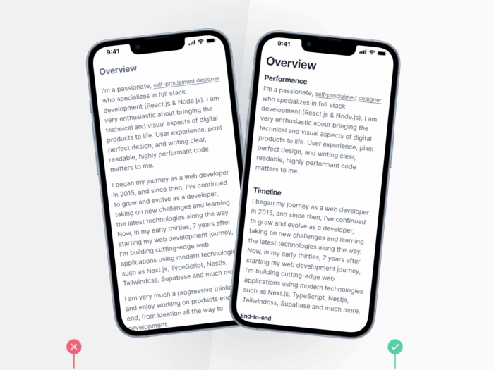 A before and after picture of how adding a heading structure improves readability