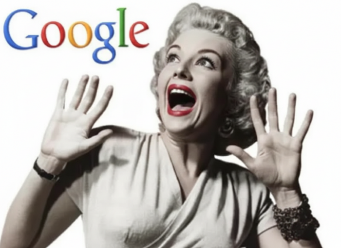 Black-and-white image of a surprised woman with hands raised near her face, looking upward with an open-mouthed expression, next to the colourful “Google” logo in the top left corner.