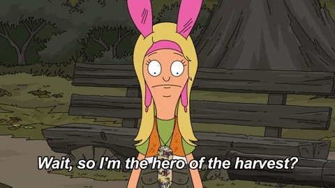 A girl asking 'so I'm the hero of the harvest?' and someone replies yes.